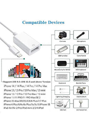 Iphone Lightning Usb Ipad Iphone Için 15 14 13 12 11 Pro X Xr 8 7 Otg Kablo Veri Aktarma Usb Cihazı