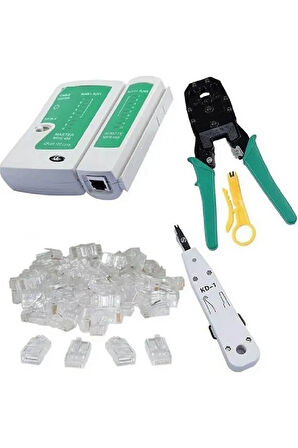 Network Seti RJ45 RJ11 Rj9 Sıkma Pensesi Cat5 Cat6 Çakma + Test Cihazı + Krone Bıçağı + Konnektör