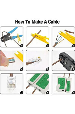 Network Seti RJ45 RJ11 Rj9 Sıkma Pensesi Cat5 Cat6 Çakma + Test Cihazı + Krone Bıçağı + Konnektör