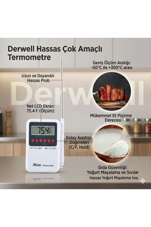 Hassas Dijital Mutfak Termometresi: Et, Yoğurt ve Sıvı İçin Hızlı Isı Ölçer. Paslanmaz Çelik Problu, LCD Ekranlı Gıda Derecesi. -50°C / +300°C Ölçüm Aralığıyla Profesyonel Mutfak Yardımcısı