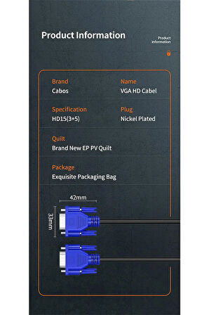 Vga Kablosu Ekran Lcd Led Monitör Bağlantı 15 Pin Bağlama Ara Pc Laptop Görüntü Kablo 1.45 Metre