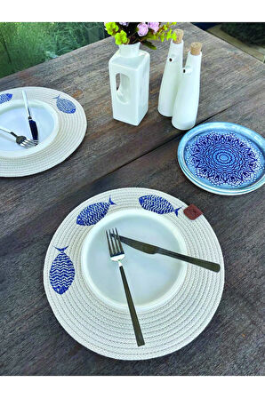 2'li Set Balıklar İşlemeli Amerikan Servis-Leke Tutmaz Natural 33 cm