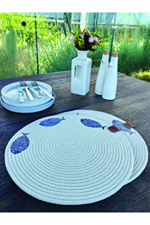 2'li Set Balıklar İşlemeli Amerikan Servis-Leke Tutmaz Natural 33 cm