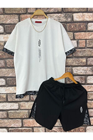 Erkek Dikey Baskılı Oversize T-shirt Şort