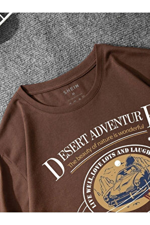 Unisex Kahve Desert Adventure Baskılı Oversize T-shirt