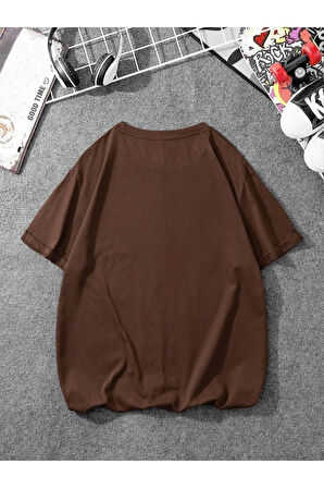 Unisex Kahve Desert Adventure Baskılı Oversize T-shirt