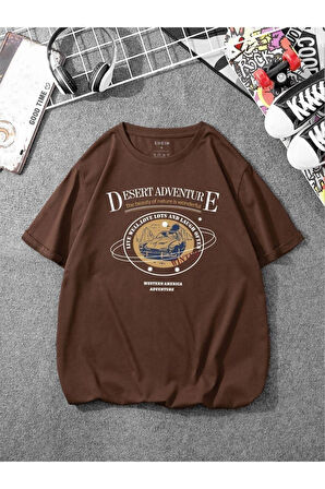 Unisex Kahve Desert Adventure Baskılı Oversize T-shirt