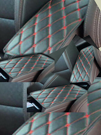 Seat Leon MK2 2005-2012 Deri Oto Kolçak Kılıfı Örtüsü Capitone Süngerli Kırmızı Nakışlı