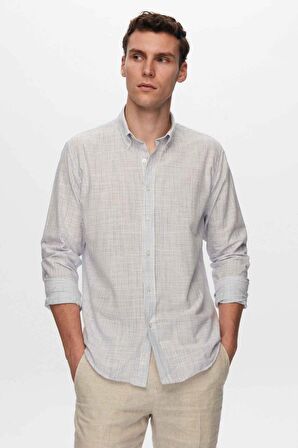 Ds Damat Slim Fit Mavi İnce Çizgili Düğmeli Yaka %100 Pamuk Flamlı Yazlık Keten Görünümlü Gömlek 0HC02ORT07265 0HC02ORT07265