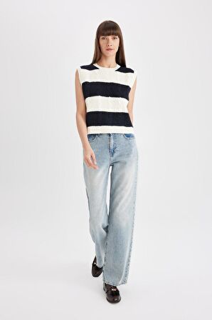 DeFacto Regular Fit Çizgili Bisiklet Yaka Triko Süveter C9042AX24WNER105