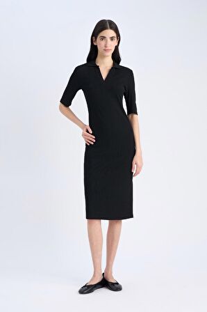 Bodycon Vücudu Saran Polo Yaka Fitilli Kaşkorse Kısa Kollu Midi Elbise