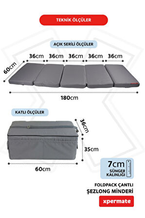 XPERMATE Katlanır Şezlong Minderi Fermuarlı Çantalı Cepli FoldPack 30x60x35cm Antrasit 