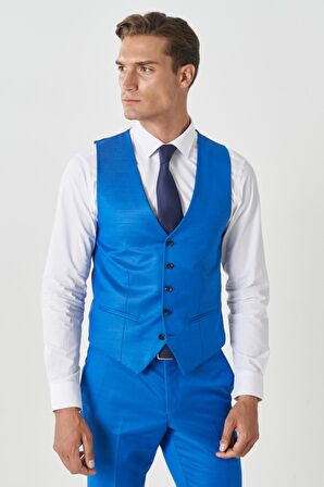 Erkek Saks Mavi Ekstra Slim Fit Dar Kesim Mono Yaka Pick Desenli Yelekli Takım Elbise