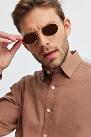 Comfort Fit Rahat Kesim Gizli Düğme Yaka %100 Pamuk Flamlı Gömlek