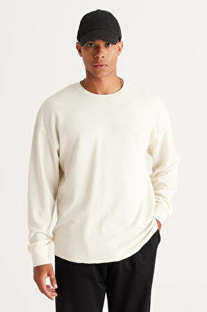 Erkek Bej Loose Fit Içi Polarlı 3 Iplik Bisiklet Yaka Jakarlı Sweatshirt