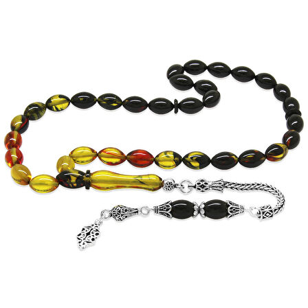 925 Ayar Gümüş Püsküllü Arpa Kesim Süzme Bala-Siyah Ateş Kehribar Tesbih