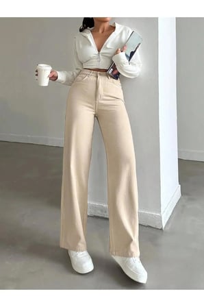 Kadın Jeans Bej Yüksek Bel Salaş Bol Paça Denim Kot Pantolon