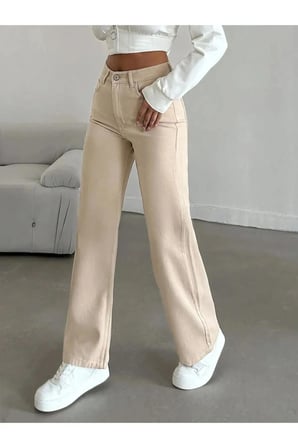 Kadın Jeans Bej Yüksek Bel Salaş Bol Paça Denim Kot Pantolon