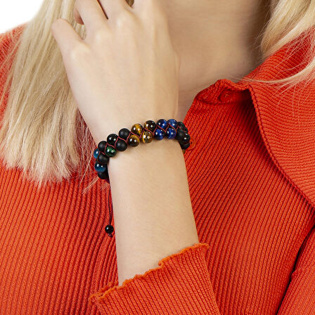 Çift Sıra Makrome Örgülü Küre Kesim Çoklu Kaplangözü Doğaltaş Kombinli Kadın Enerji Bilekliği