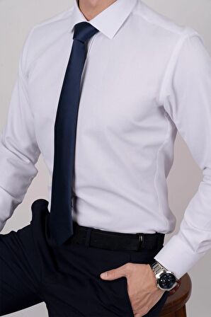 Gömlek Kravat Seti ( sunda Lacivert Düz Kravat & Beyaz Armür Slimfit Gömlek)