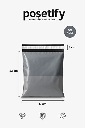 Gri Cepli Kargo Poşeti 17x23+4 cm | Yapışkan Bantlı Gönderi Zarfı | 50’li E-Ticaret Poşeti