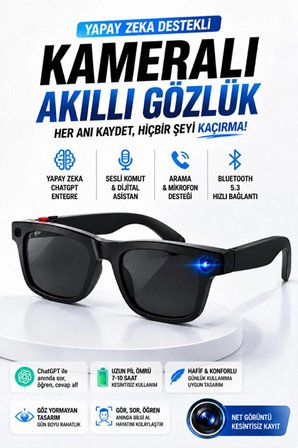 Yapay Zeka Destekli Kameralı Akıllı Gözlük 8MP Kamera ChatGPT Çeviri Ses Kayıt Özellikli Güneş Gözlük