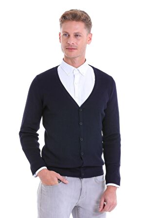 Lacivert V Yaka Regular Fit Yünlü Triko Hırka | S