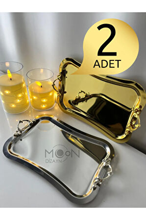 2 Kişilik 2li Italyan Model Tasarım Gold Kulp Gold Kahve Sunum Tepsisi 16*23 Cm