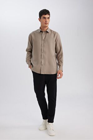 DeFacto Relax Fit Polo Yaka Twill Modal Karışımlı Basic Düz Uzun Kollu Gömlek D3376AX24AUKH466