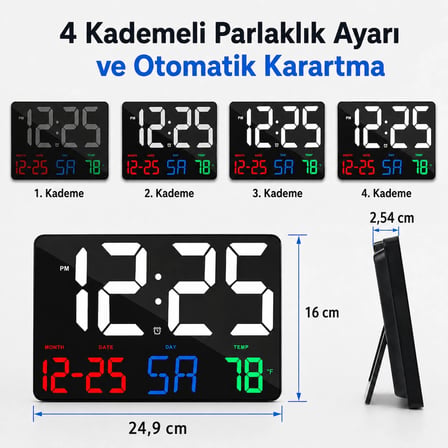 Dijital Duvar Saati Büyük Ekran 25x16 cm Renkli LED Tarih Gün Sıcaklık Alarm Uzaktan Kumandalı