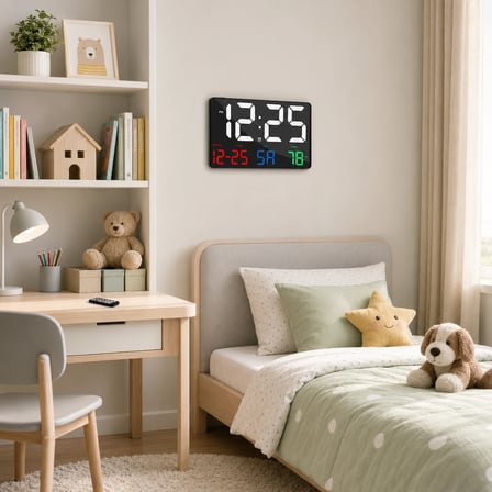 Dijital Duvar Saati Büyük Ekran 25x16 cm Renkli LED Tarih Gün Sıcaklık Alarm Uzaktan Kumandalı