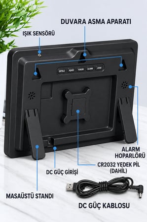 Dijital Duvar Saati Büyük Ekran 25x16 cm Renkli LED Tarih Gün Sıcaklık Alarm Uzaktan Kumandalı