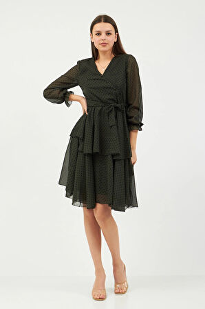 Haki Puantiye Desenli Şifon Elbise