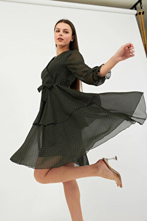 Haki Puantiye Desenli Şifon Elbise