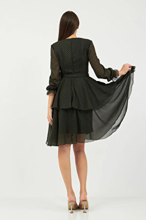 Haki Puantiye Desenli Şifon Elbise