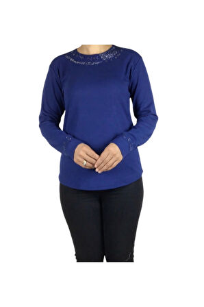 KADIN YAKASI VE KOLLARI TAŞLI SPOR BLUZ
