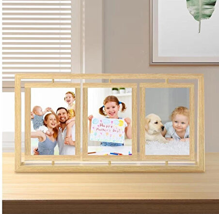 3 lü resim çerçevesi 3 ila 6 fotoğraf 360 derece döner fotoğraf çerçevesi 40*21 cm  krem 