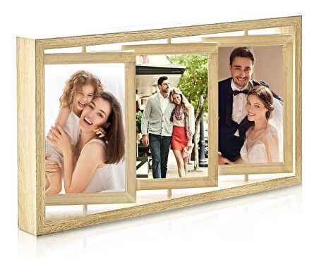 3 lü resim çerçevesi 3 ila 6 fotoğraf 360 derece döner fotoğraf çerçevesi 40*21 cm  krem 