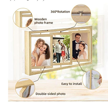 3 lü resim çerçevesi 3 ila 6 fotoğraf 360 derece döner fotoğraf çerçevesi 40*21 cm  krem 