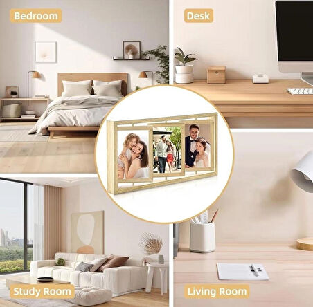 3 lü resim çerçevesi 3 ila 6 fotoğraf 360 derece döner fotoğraf çerçevesi 40*21 cm  krem 