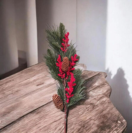 Yapay Çiçek Kokina ve Çam Dalı Uzun Dal Kozalaklı 75cm Yılbaşı Çiçeği Pıtırcıklı (1 adet)