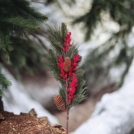 Yapay Çiçek Kokina ve Çam Dalı Uzun Dal Kozalaklı 75cm Yılbaşı Çiçeği Pıtırcıklı (1 adet)