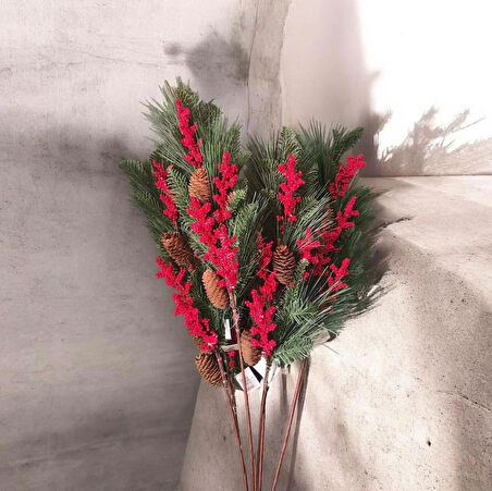 Yapay Çiçek Kokina ve Çam Dalı Uzun Dal Kozalaklı 75cm Yılbaşı Çiçeği Pıtırcıklı (1 adet)