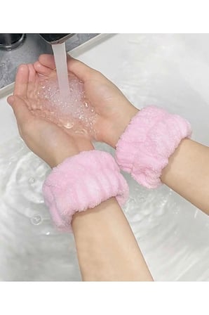 Pembe Peluş Spa Takımı - 2 Adet Havlu Yıkama Bilekliği Ve Saç Bandı Takımı