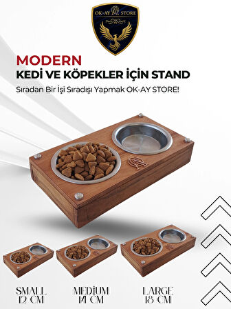   Paslanmaz Çelik Kaseli Kedi Köpek Mama ve Su Kabı Standı – Ahşap Gövde, Kaymaz Tabanlı (Small)