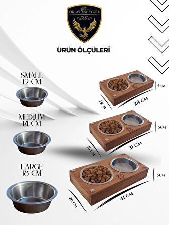   Paslanmaz Çelik Kaseli Kedi Köpek Mama ve Su Kabı Standı – Ahşap Gövde, Kaymaz Tabanlı (Small)