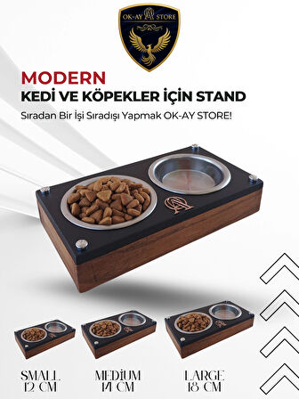 Paslanmaz Çelik Kaseli Kedi Köpek Mama ve Su Kabı Standı – Ahşap Gövde, Kaymaz Tabanlı (Small)