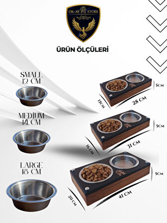 Paslanmaz Çelik Kaseli Kedi Köpek Mama ve Su Kabı Standı – Ahşap Gövde, Kaymaz Tabanlı (Small)