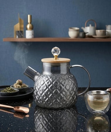 Isıya Dayanıklı  Baklava Desen Cam Demlik – Bambu & Metal Kapaklı Kulplu Süzgeçli 1000 ML Füme renk 