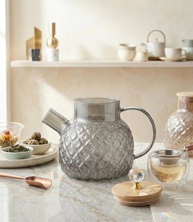 Isıya Dayanıklı  Baklava Desen Cam Demlik – Bambu & Metal Kapaklı Kulplu Süzgeçli 1000 ML Füme renk 